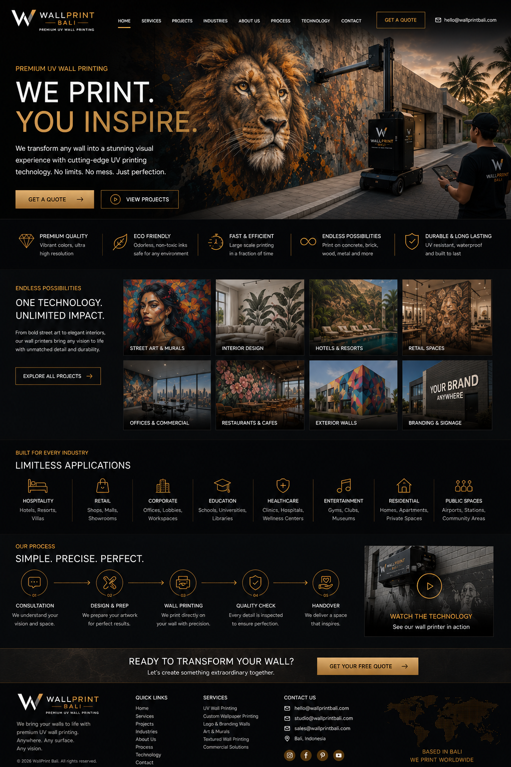 WallPrint Bali premium UV wall printing homepage visual with lion mural hero, services, industries, process and contact information
